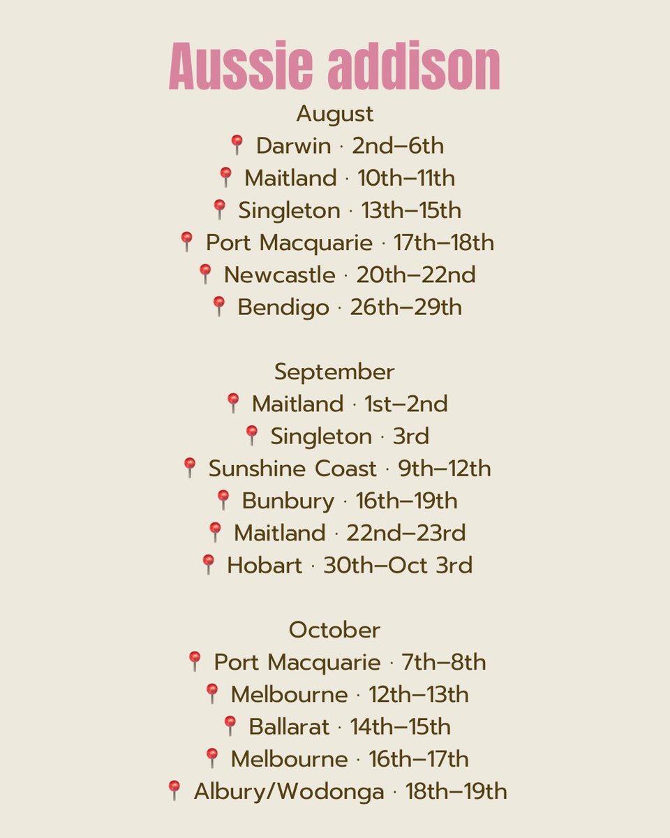 AussieAddison's tweet image. Excited to see you!!

#FSSW #Darwin #maitland #singleton #portmacquarie #newcastle #bendigo #sunshinecoast #bunbury #hobart #ballarat #melbourne #albury #wodonga