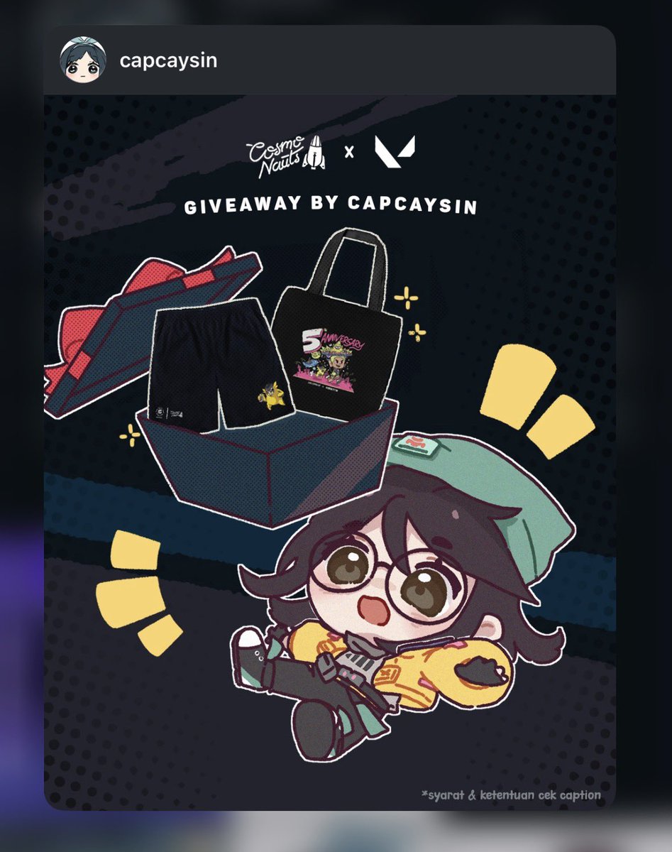 (repost)
gais punten jadi aku berkesempatan untuk ngadain giveaway merchandise collab VALORANT x Cosmonauts di Instagram aku. gaskeun join siapa tau dapet kan 🥹🙌

bisa meluncur ke link di reply yaa tysm!