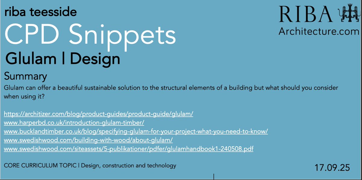 RibaTees's tweet image. #CPDSnippets this week looks at working with #Glulam links
architizer.com/blog/product-g…
harperbd.co.uk/introduction-g…
bucklandtimber.co.uk/blog/specifyin…
swedishwood.com/building-with-…
swedishwood.com/siteassets/5-p…
@RIBANE @RIBA @YAPF @RIBANorth #architect #architecture #timberconstruction