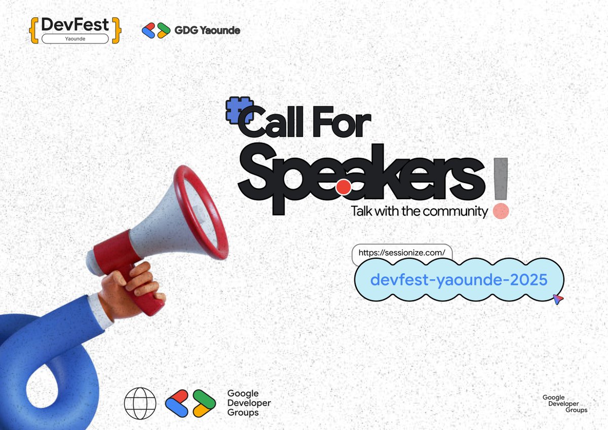 ⏳ Dernière chance ! Le Call for Speakers du #DevFestYaounde 2025 ferme bientôt 🚨  

👉 Partage ton expertise tech, innovation ou entrepreneuriat  
📩 Soumets ta session : sessionize.com/devfest-yaound…  

#DevFest2025 #CallForSpeakers #TechCommunity