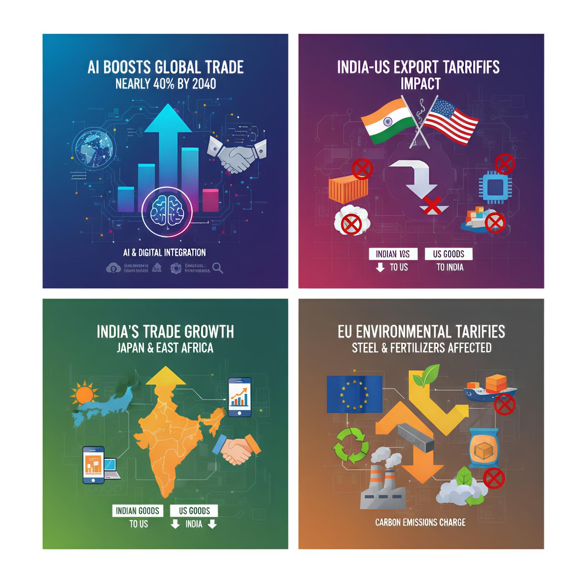 globe_easy's tweet image. AI is transforming global trade with a 40% boost expected by 2040. India-US tariffs hit key exports, but India’s trade with Japan &amp;amp; East Africa grows. The EU’s new environmental tariffs reshape imports. Stay ahead with the latest trade insights! #tradenews #GlobalTrade