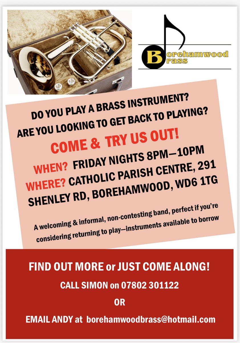 Borehamwood Brass welcome new players!  Come and try us out 🎶
#brassband #borehamwood