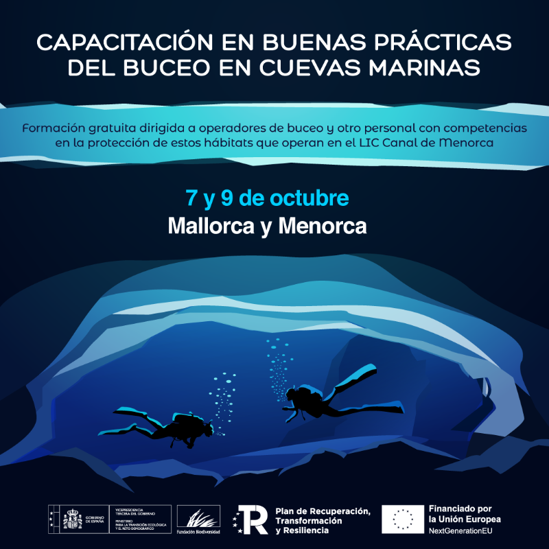 FBiodiversidad's tweet photo. 🤿Organizamos talleres de #capacitación en buenas prácticas de buceo en cuevas marinas en el LIC Canal de Menorca:
 
📌7/10 Mallorca
📌9/10 Menorca
 
🎯 Entidades de buceo, cuerpos de vigilancia y gestores de espacios marinos protegidos

#PlanDeRecuperación #NextGenerationEU
ℹ️👇