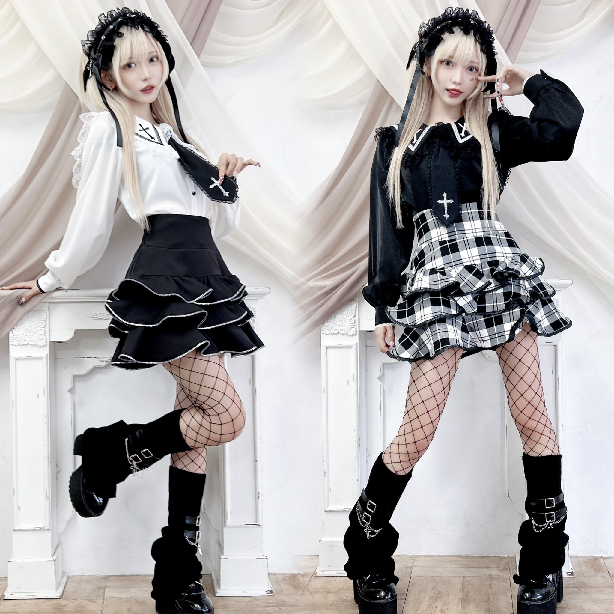 MARS ベルト付きクロス刺繍ブラウス ブラック 十字架 スカート セット