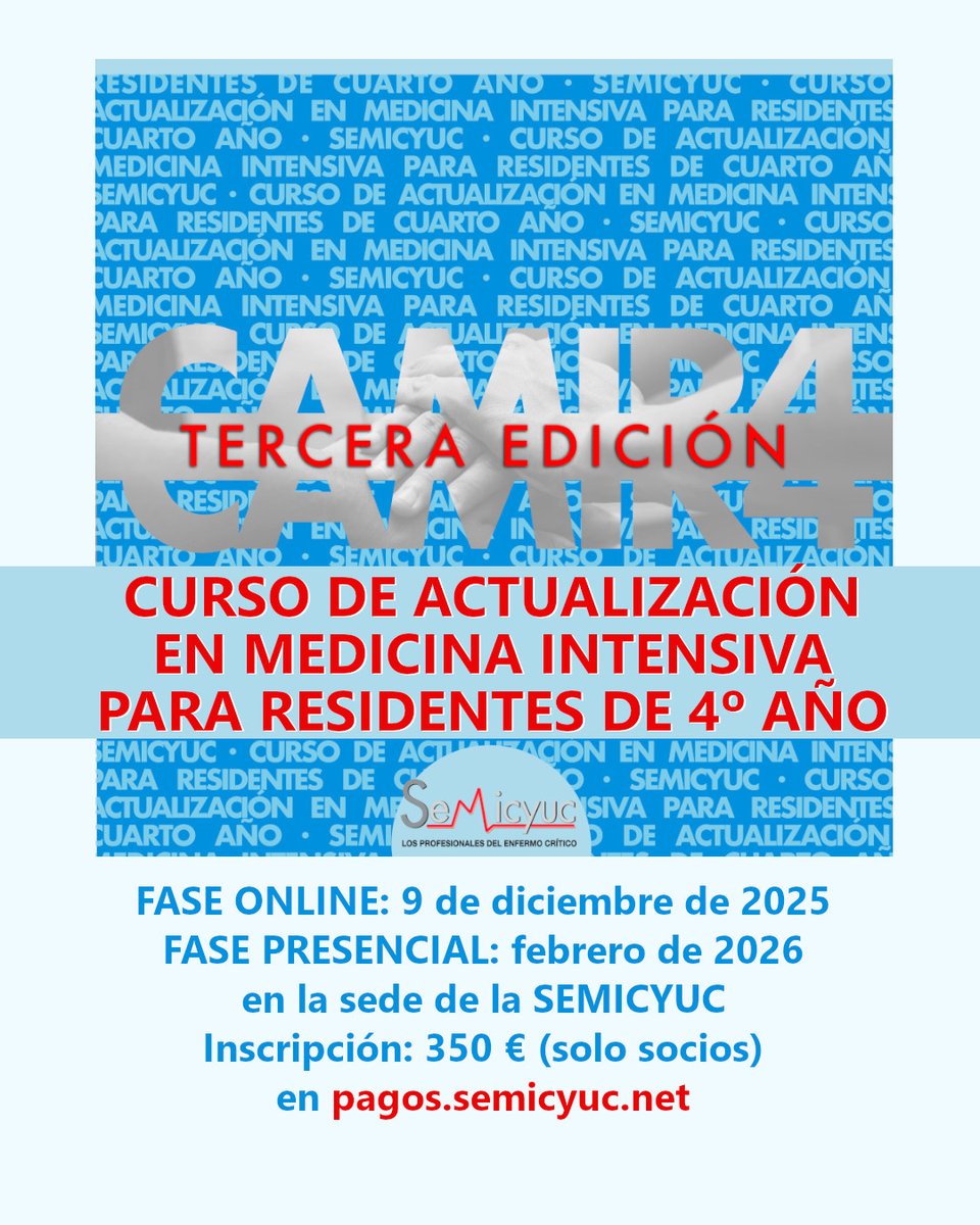 semicyuc's tweet image. ¿Eres R4 o R5 de Medicina Intensiva? En ese caso, ¡no te pierdas el curso CAMIR4! Inscríbete en nuestro Curso de Actualización pensado exclusivamente para los socios R4 y R5 e impulsa el final de tu residencia de la mano de nuestros Grupos de Trabajo. 
Curso semipresencial. Fase…