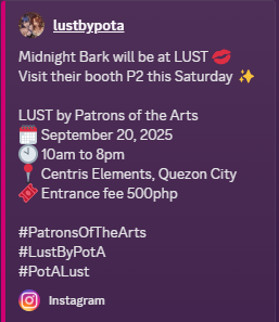 Midnight_BarkPH's tweet photo. 🐾✨ Hey Pups! ✨🐾

We’re teaming up with Patron of the Arts: LUST this Saturday, Sept 20! 🎉

📍 Where: Eton Centris
💸 Entrance Fee: ₱500
🐾 Event Highlight: Open Mosh Pit (all pets welcome!)

Come wag, play, and vibe with us! 🐶💥
#Pups #MoshPit #Community #PotaLUST https://t.co/3PaHxZ795L