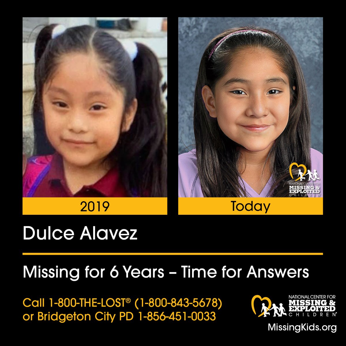 NCMEC's tweet image. #MISSING FOR 6 YEARS – TIME FOR ANSWERS
On Sept. 16, 2019, 5-year-old Dulce Maria Alavez was abducted from Bridgeton City Park in New Jersey &amp;amp; hasn’t been seen since. Her photo has been age-progressed to show what she might look like today at the age of 11.

If you have any…
