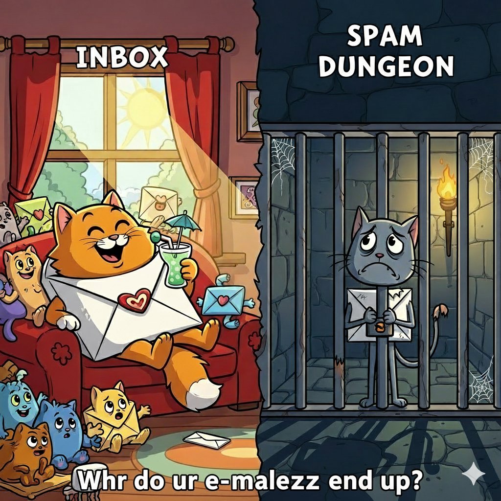 mailerrocket's tweet photo. Ever wonder about the secret lives of your emails? Some chill, others are imprisoned! 🐱⛓️ Which side does your email live on? 

#InboxVsSpam #emailmarketing #spam https://t.co/32DKnG4Gxv