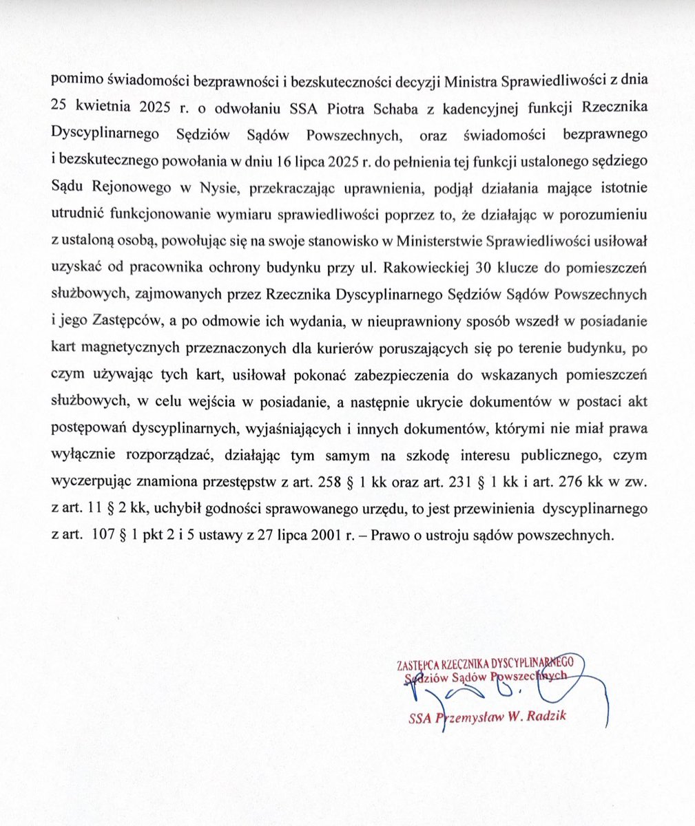 Szanowni Państwo,
uprzejmie proszę o zapoznanie się z poniższym komunikatem w sprawie przedstawienia zarzutów dyscyplinarnych sędziom Mariuszowi U.  i Dominikowi C. w związku ich zachowaniami w strukturze zorganizowanej grupy przestępczej, mającej na celu zmianę konstytucyjnego