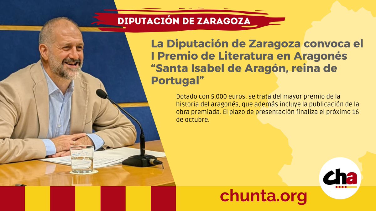 🪶 <a href="/DPZaragoza/">Diputación de Zaragoza</a> convoca el I Premio de Literatura en Aragonés “Santa Isabel de Aragón, reina de Portugal”

Dotado con 5.000 euros, se trata del mayor premio de la historia del aragonés, que además incluye la publicación de la obra premiada

🔗 chunta.org/la-diputacion-…