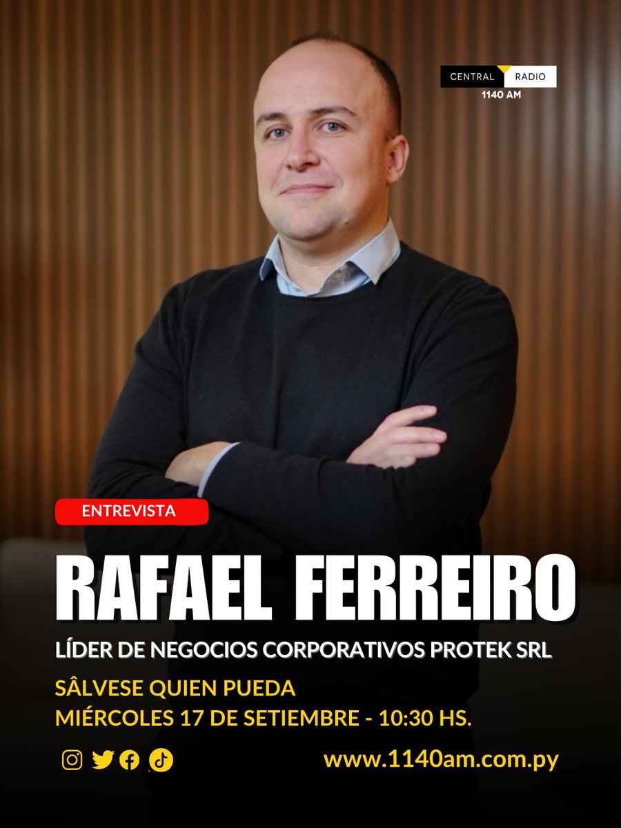 centralradiopy's tweet photo. 🎙️ ¡HOY en Sálvese Quien Pueda!

⏰ A las 10:40 hs, conversamos con Rafael Ferreiro, líder de negocios corporativos de Protek SRL, sobre uno de los eventos más importantes en materia de seguridad del país:

🔐 Protek Security Congress 2025
📍 Un espacio para conocer las últimas tendencias en protección, innovación tecnológica y gestión de riesgos.

🛡️ Empresarios, expertos en seguridad, instituciones públicas y privadas se darán cita para compartir experiencias, soluciones y nuevas herramientas que impactan en la protección de personas, bienes y datos.

📢 ¡Central Radio es Media Partner de este gran evento!

📻 Escuchanos en #1140AM o en https://t.co/8Zck7iqYM9
📲 Seguinos en @central1140

🔁 Compartí esta entrevista con quienes lideran o gestionan organizaciones y quieren estar al día en seguridad corporativa.

#SQP1140 #ProtekCongress2025 #SeguridadEmpresarial #TendenciasEnSeguridad