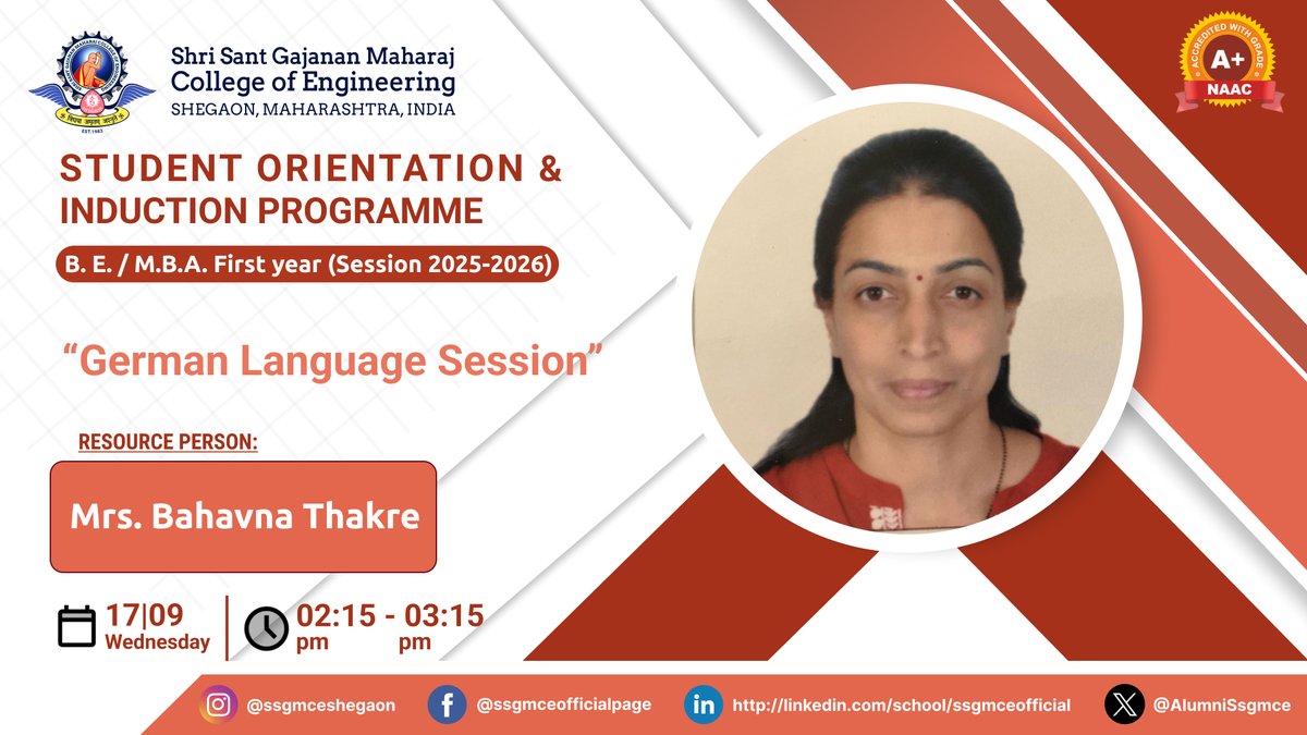 AlumniSsgmce's tweet image. 🚀 Day 7 | Session III | Orientation &amp;amp; Induction Programme 2025–26 (B.E./M.B.A. First Year)
Speaker: Mrs. Bhavna Thakre

#GermanLanguage #GlobalOpportunities #Multilingualism #CareerGrowth #InternationalExposure #SkillDevelopment #SSGMCE #Orientation2025