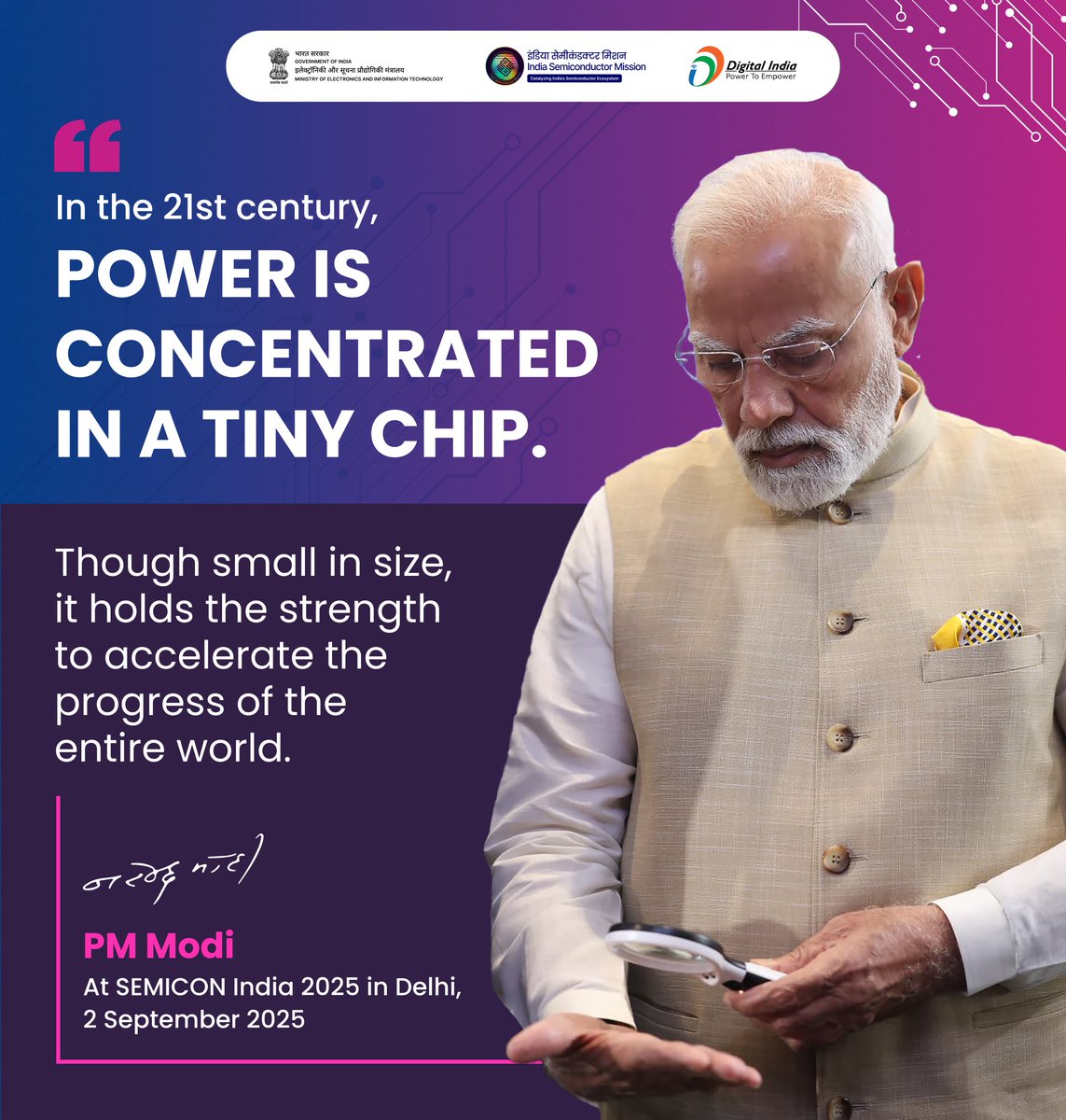 SemiconIndia's tweet image. ‘Power is concentrated in a tiny chip – driving the progress of the entire world’ 

- Hon’ble Prime Minister Shri Narendra Modi at #SEMICONIndia2025

#SemiconIndia #IndiaTechade #DigitalIndia #IndiaSemiconductorMission #MakeInIndia