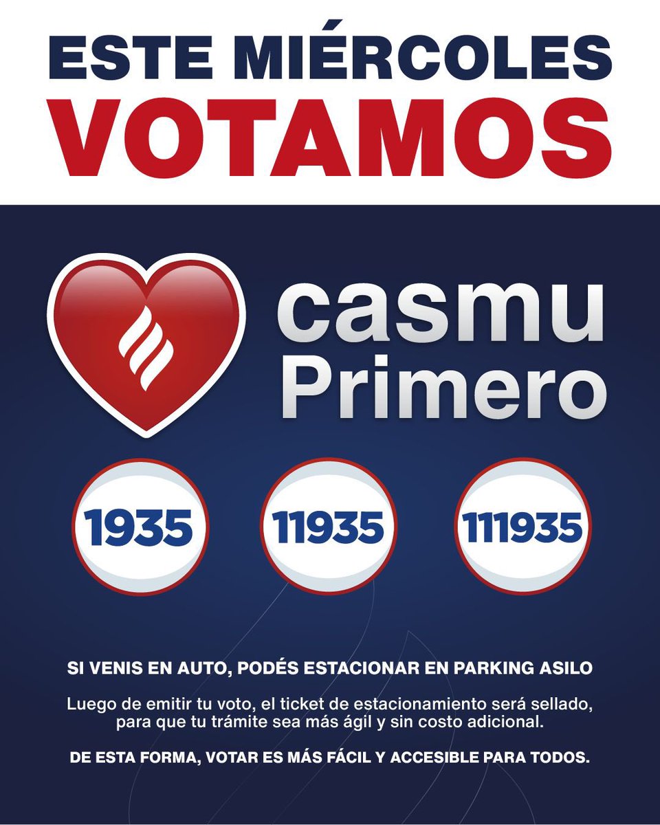 🗳️ *Para  de HOY Casmu Primero cuenta con:*

🚙 *Locomoción gratuita:* envía mensaje al 091964603 y te pasamos a buscar.

🅿️ *Estacionamiento gratuito:* en Parking Asilo (Asilo 3359) una vez votes pasa por el gazebo de Casmu Primero para que te sellemos tu ticket.