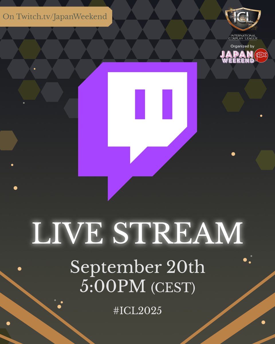 International Cosplay League (@cosleague) on Twitter photo You can follow this year’s #ICL2025 Finals on <a href="/Japan_Weekend/">Japan Weekend</a>'s official Twtich channel! 🏆✨
📹 Watch it live on twitch.tv/japanweekend, September 20th at 5:00PM. Award ceremony at 8:00PM (CEST). You can follow this year’s #ICL2025 Finals on <a href="/Japan_Weekend/">Japan Weekend</a>'s official Twtich channel! 🏆✨
📹 Watch it live on twitch.tv/japanweekend, September 20th at 5:00PM. Award ceremony at 8:00PM (CEST).