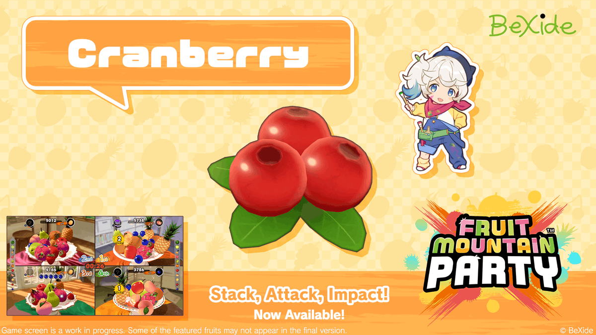FruitMountain Party Daily Fruit Feature!

Today's fruit: Cranberry!

In America, Thanksgiving means cranberries. They were named because the shape of their flowers resembles a crane.

🔻EarlyAccess Now Available!🔻
store.steampowered.com/app/3467540/