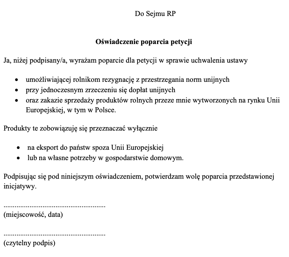 Zbieram podpisy pod petycją rolników oburzonych polityką UE. Liczę na jak najszerszy odzew. Trzeba się wreszcie wyzwolić spod tej dyktatury Brukseli!