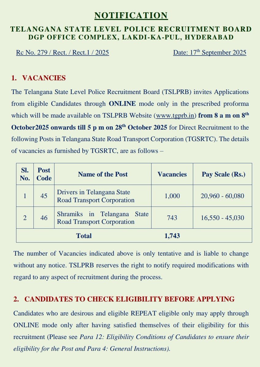 SajjanarVC's tweet image. ఉద్యోగార్థులకు శుభవార్త!!

#TGSRTC లో 1,743 పోస్టుల భర్తీకి తెలంగాణ పోలీస్‌ నియామక మండలి నోటిఫికేషన్ జారీ చేసింది. 

అందులో 1000 డ్రైవర్, 743 శ్రామిక్ పోస్టులున్నాయి.

ఈ పోస్టుల భర్తీకి అక్టోబర్‌ 8 నుంచి 28 వరకు ఆన్‌లైన్‌లో దరఖాస్తులు స్వీకరించడం జరుగుతుంది. 

ఈ పోస్టుల భర్తీకి…