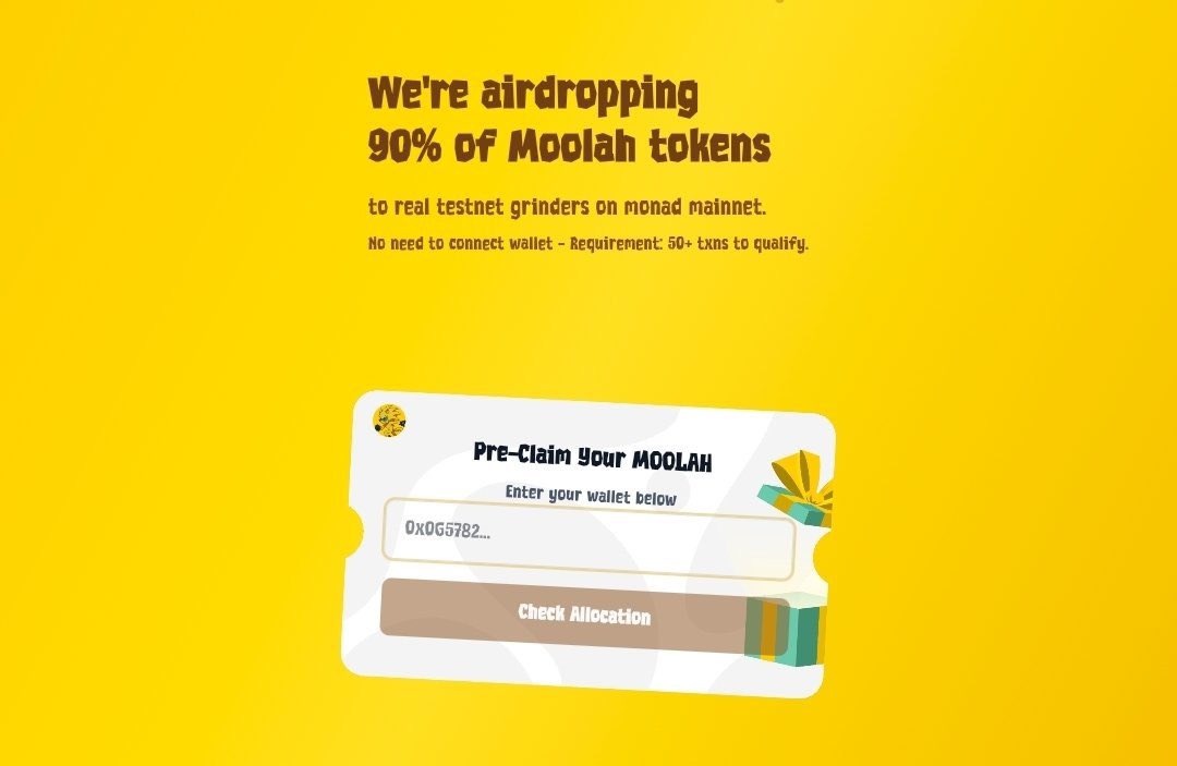 You can claim Aidrop if you have 50txns on monda testn
@Moolah_nad 

airdrop.moolahnad.xyz/?ref=6UN3MFMD5Y

#Monad #CryptoAlpha #Web3