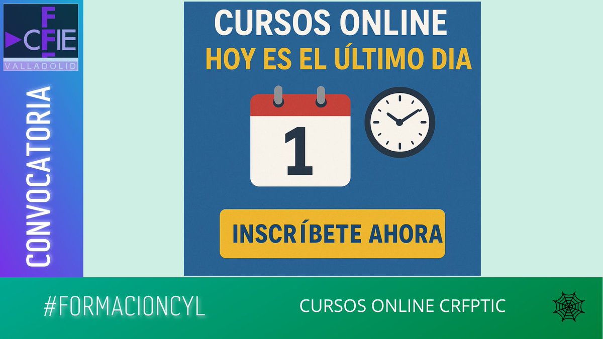 Cursos online en <a href="/crfptic/">CRFPTIC</a> 
 ➡️OFFICE 365 PARA NIVEL A2
 ➡️WINDOWS PARA NIVEL B1
 ➡️OFFICE 365 PARA NIVEL B2
 ➡️GESTIÓN DE FCT CON EL PROGRAMA CICERÓN
 ➡️GESTIÓN ECONÓMICA: GECE 2000
 ➡️MOODLE PARA ADMINISTRADORES
Último día inscripción:
crfptic.centros.educa.jcyl.es/sitio/
#formacioncyl
