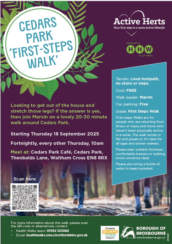 ActiveHerts1's tweet image. Join us for our new &apos;First Steps&apos; walk around Cedars Park.

This fortnightly walk is ideal for people who are returning from illness and injury and those who haven’t been physically active in a while.

Date: Thursday 18 September 2025
Time: Meet at 10am at Cedars Park Café
🚶‍♀️🚶‍♂️