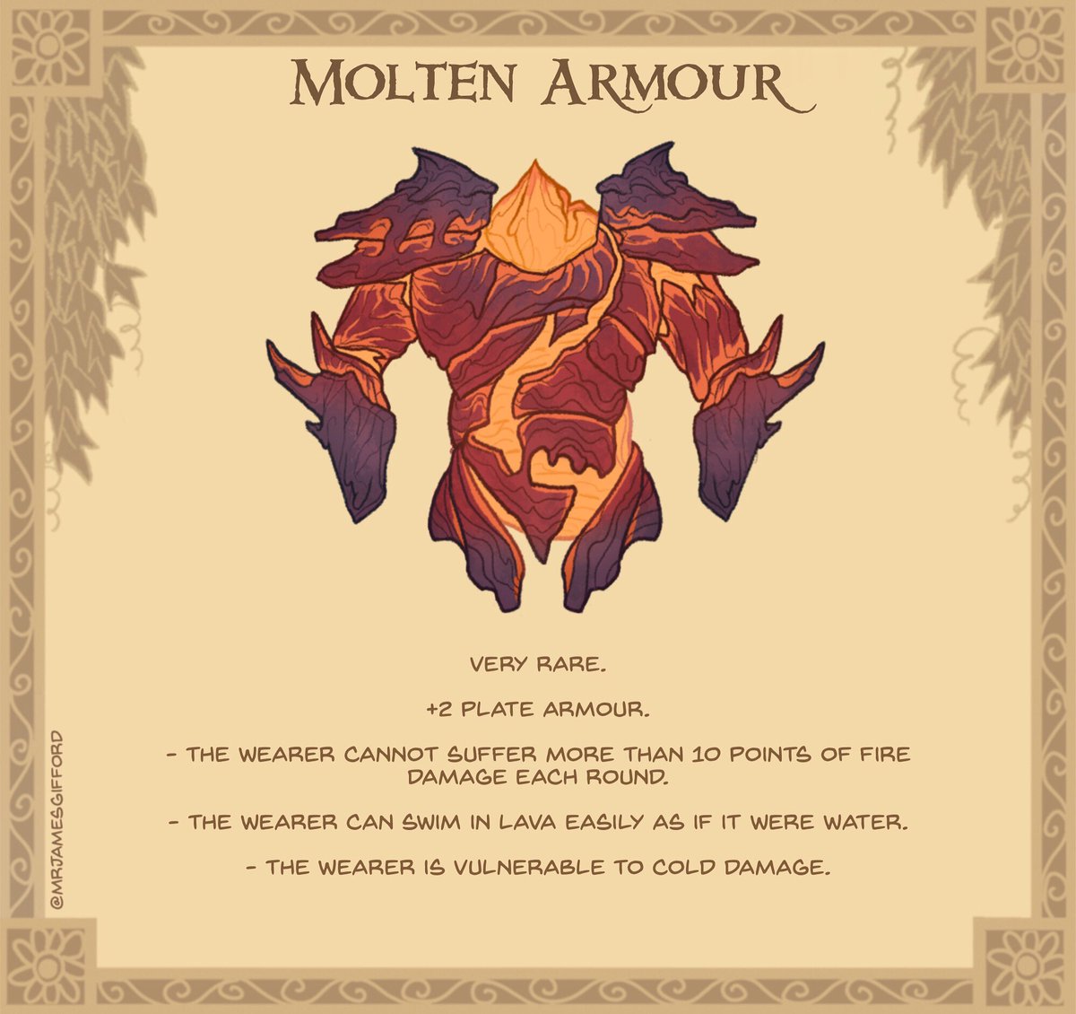 9. Molten Armour 🌋🛡️🥵
Formed from raw primordial power, the segments of this armour shift like tectonic plates when bathed in heat.

#dnd #ttrpg #illustration #dungeonsanddragons