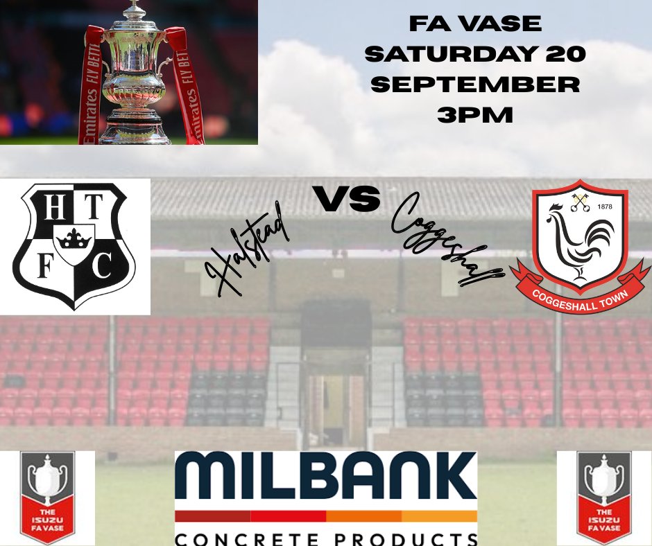 Up next it is the FA Vase and we meet the first team we ever played (back in 1879) <a href="/CoggeshallTown/">Coggeshall Town Football Club</a> for the first time in this competition.
Want to know more about "The Seedgrowers" then follow the link
halsteadtownfc.com/news/1002