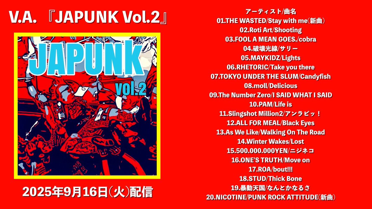TOKYOUNDERTHE_S's tweet photo. コンピレーションアルバム
「V.A.JAPUNK Vol.2」

◾︎◾︎◾︎◾︎◾︎◾︎◾︎◾︎◾︎◾︎◾︎◾︎◾︎◾︎◾︎◾︎◾︎◾︎◾︎◾︎◾︎◾︎◾︎◾︎◾︎◾︎
2025.9.16(火) 
各種配信サイトにてダウンロード
ストリーミング配信開始
◾︎◾︎◾︎◾︎◾︎◾︎◾︎◾︎◾︎◾︎◾︎◾︎◾︎◾︎◾︎◾︎◾︎◾︎◾︎◾︎◾︎◾︎◾︎◾︎◾︎◾︎

#JAPUNK 

-V.A.JAPUNK Vol.2-
01. THE WASTED/Stay with me(新曲)
02. Roti Art/Shooting
03. FOOL A MEAN GOES./cobra
04. 破壊光線/サリー
05. MAYKIDZ/Lights
06. RHETORIC/Take you there
07. TOKYO UNDER THE SLUM/Candyfish
08. moll/Delicious
09. The Number Zero/I SAID WHAT I SAID
10. PAM/Life is
11. SlingshotMillion2/アンラビッ！
12. ALL FOR MEAL/Black Eyes
13. As We Like/Walking On The Road
14. Winter Wakes/Lost
15. 500.000.000YEN/ニジネコ
16. ONE'S TRUTH/Move on
17. ROA/Bout!!!
18. STUD/Thick Bone
19. 暴動天国/なんとかなるさ
20. NICOTINE/PUNK ROCK ATTITUDE(新曲)
◾︎◾︎◾︎◾︎◾︎◾︎◾︎◾︎◾︎◾︎◾︎◾︎◾︎◾︎◾︎◾︎◾︎◾︎◾︎◾︎◾︎◾︎◾︎◾︎◾︎◾︎

Apple Music
https://t.co/ngvWpgmUJU

Spotify
https://t.co/l45pCoYJ2g

amazon music
https://t.co/1mwkK00EkA