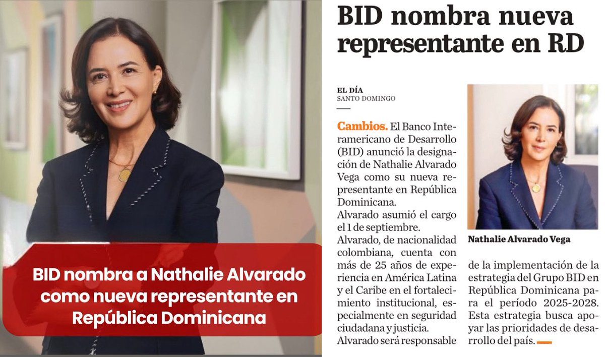 El Banco Interamericano de Desarrollo (BID) anunció ayer la designación de Nathalie Alvarado Vega como su nueva representante en República Dominicana, quien asumió el cargo el pasado 1 de septiembre.