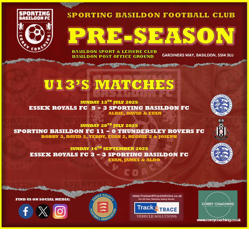 S_Basildon_FC's tweet photo. β½οΈ U13's Pre-Season β½οΈ
Let's have a quick look on the U13's results during Pre-Season.
A team that is improving all the time, they played some local opposition.
Let's see how their 1st season at 11 a side goes.
β½οΈπ₯π©
#SBFC #SportingBasildonFC @Corey_Coaching https://t.co/5BHed5hN9z