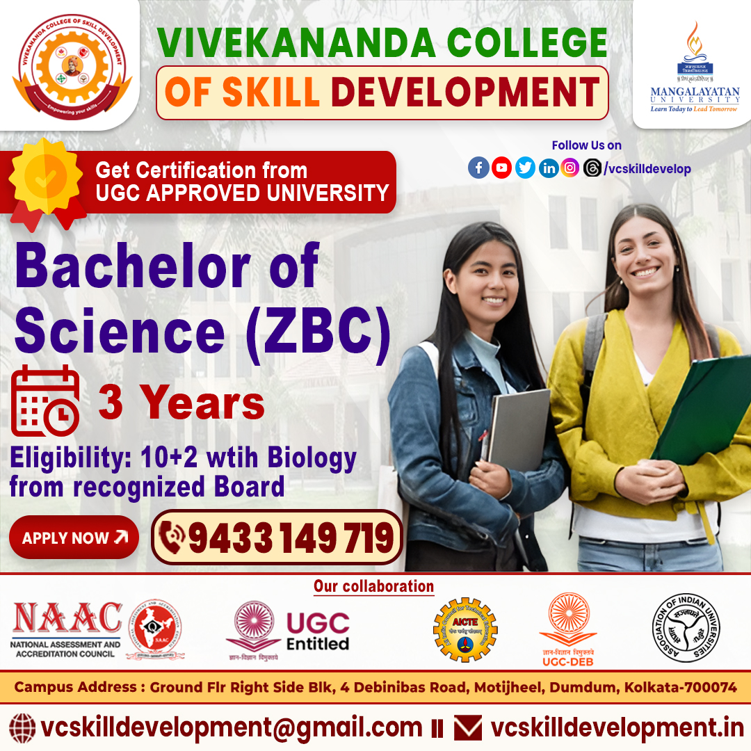 vcskilldevelop's tweet image. ✅Creative Post (B.Sc. ZBC Admission)
🎓. (Zoology, Botany, Chemistry) – Admission Open!
Shape your career in science with Vivekananda College of Skill Development.
#BScZBC #BScAdmission #DistanceLearning #OnlineEducation #OnlineBScCourse