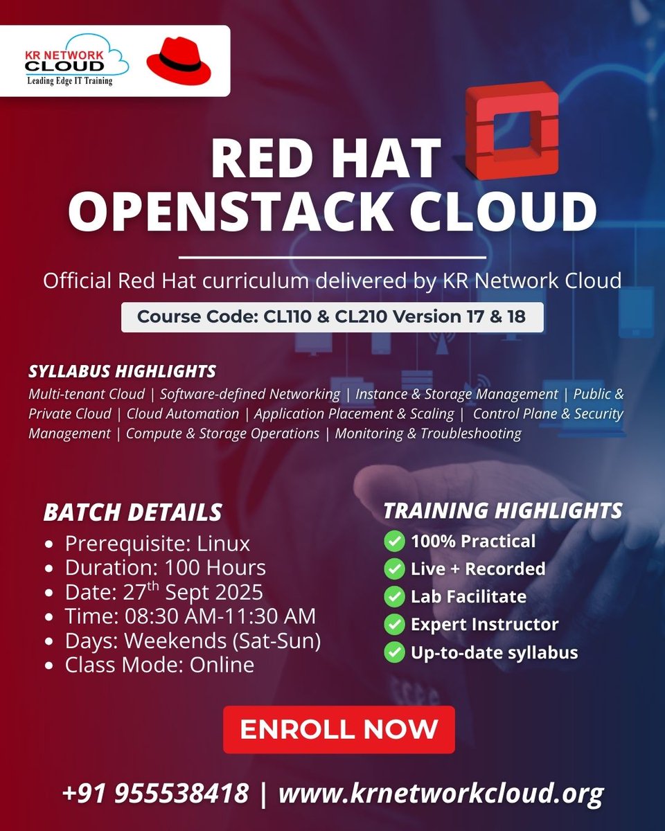 KRNetworkCloud1's tweet image. ☁️Red Hat OpenStack Cloud: The Technology Behind Enterprise Cloud Solutions
A solid understanding of Linux administration is essential before starting with OpenStack.
Contact us on +91 9555378418
#RedHatOpenStack #CloudComputing #HybridCloud #CloudTraining #OpenStack #CL210