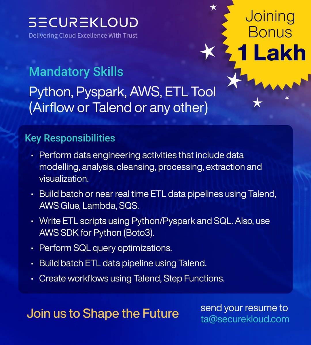 SecureKloudTech's tweet image. 🚀 We’re hiring in Chennai! 🚀
Join our Data Team at SecureKloud.
📌 Roles: Senior Data Engineer (7+ yrs) & Data Engineer (5+ yrs)
📅 Sept 18–19 | ⏰ 10 AM–5 PM
📍 Chennai (Walk-in) or Virtual
👉 Apply: ta@securekloud.com
#Hiring #ChennaiJobs #DataEngineer