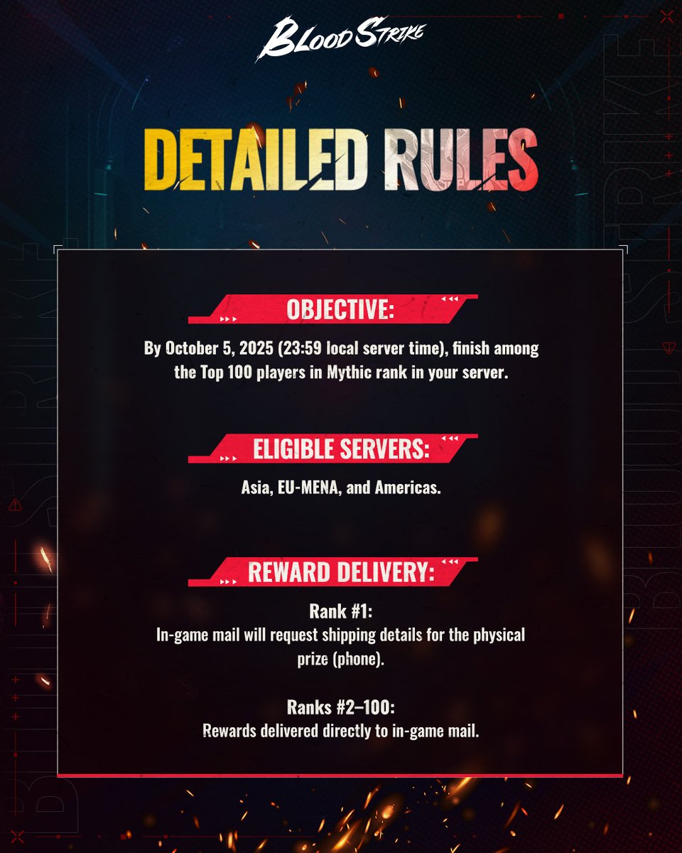 bloodstrike_EN's tweet photo. TOP 100 MYTHIC OFFICIAL LEADERBOARD EVENT
Finish in the Top 100 on your server by October 5th to win huge prizes, including a Redmi Note 14, thousands of Gold, and the exclusive "Aura Boss" title
The throne is yours for the taking. Good luck!
#BloodStrike #BS #MythicPatch https://t.co/VP5YlpEw5D