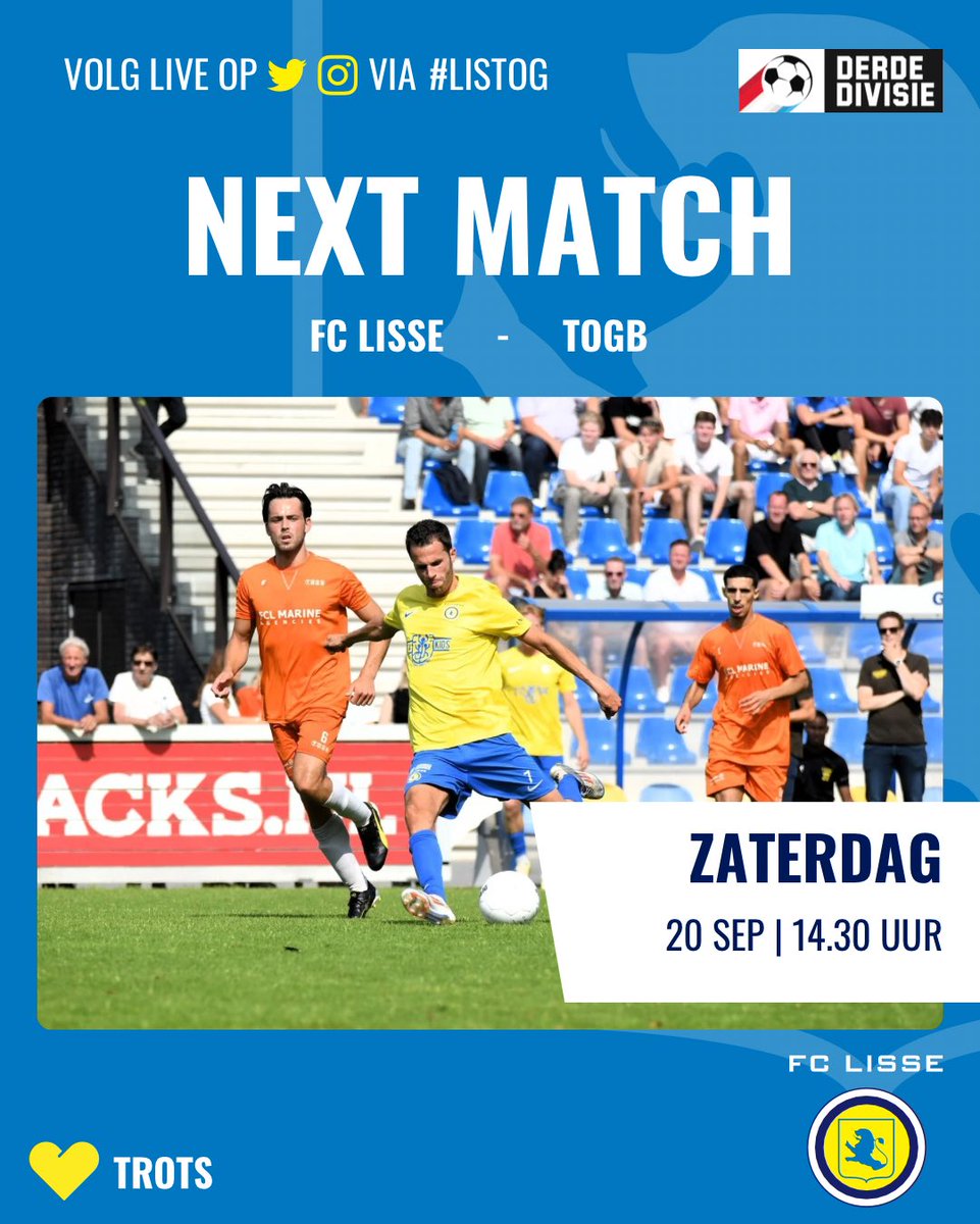FC Lisse (@fclisse) on Twitter photo ⚽️ NEXT | Speelronde 6 | <a href="/Derde_Div/">Derde Divisie</a> | 🟡🔵 ⚔️ 🟡⚫️ #fclisse #derdedivisie #LIStog
In de 6e speelronde seizoen 25/26 speelt onze hoofdmacht tegen <a href="/togbvoetbal_1/">togbvoetbal_1</a>
Aftrap 14.30u op Ter Specke. We zien jullie daar! 🟡⚽️🔵
Hier de voorbeschouwing
👇🏻
fclisse.nl/voorbeschouwin… ⚽️ NEXT | Speelronde 6 | <a href="/Derde_Div/">Derde Divisie</a> | 🟡🔵 ⚔️ 🟡⚫️ #fclisse #derdedivisie #LIStog
In de 6e speelronde seizoen 25/26 speelt onze hoofdmacht tegen <a href="/togbvoetbal_1/">togbvoetbal_1</a>
Aftrap 14.30u op Ter Specke. We zien jullie daar! 🟡⚽️🔵
Hier de voorbeschouwing
👇🏻
fclisse.nl/voorbeschouwin…