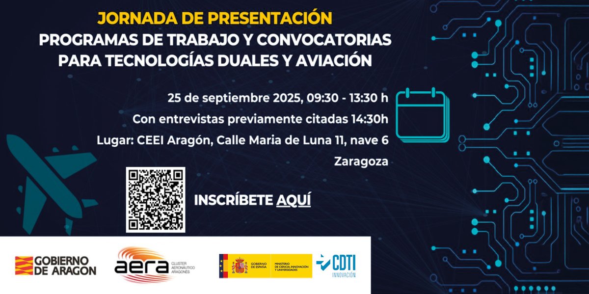 CDTI_innovacion's tweet image. ✈️ El CDTI Innovación presentará las #AyudasCDTI en #TecnologíasDuales y en el sector aeronáutico así como el programa de trabajo del #Clúster3 y la Convocatoria 2025 Destination #5 del #Clúster5  #HorizonteEuropa en la jornada organizada junto a @GobAragon y @ClusterAERA👇

🗓️…