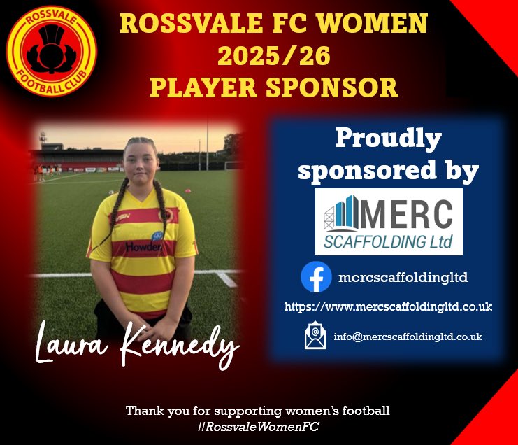 Another players sponsorship sorted for Rossvale Reserves ✍🏻 📑 

We are proud to announce that Merc Scaffolding LTD are sponsoring Laura Kennedy for the 25/26 Season. 

We are grateful for their support in the development of Rossvale Women FC’s future talent.