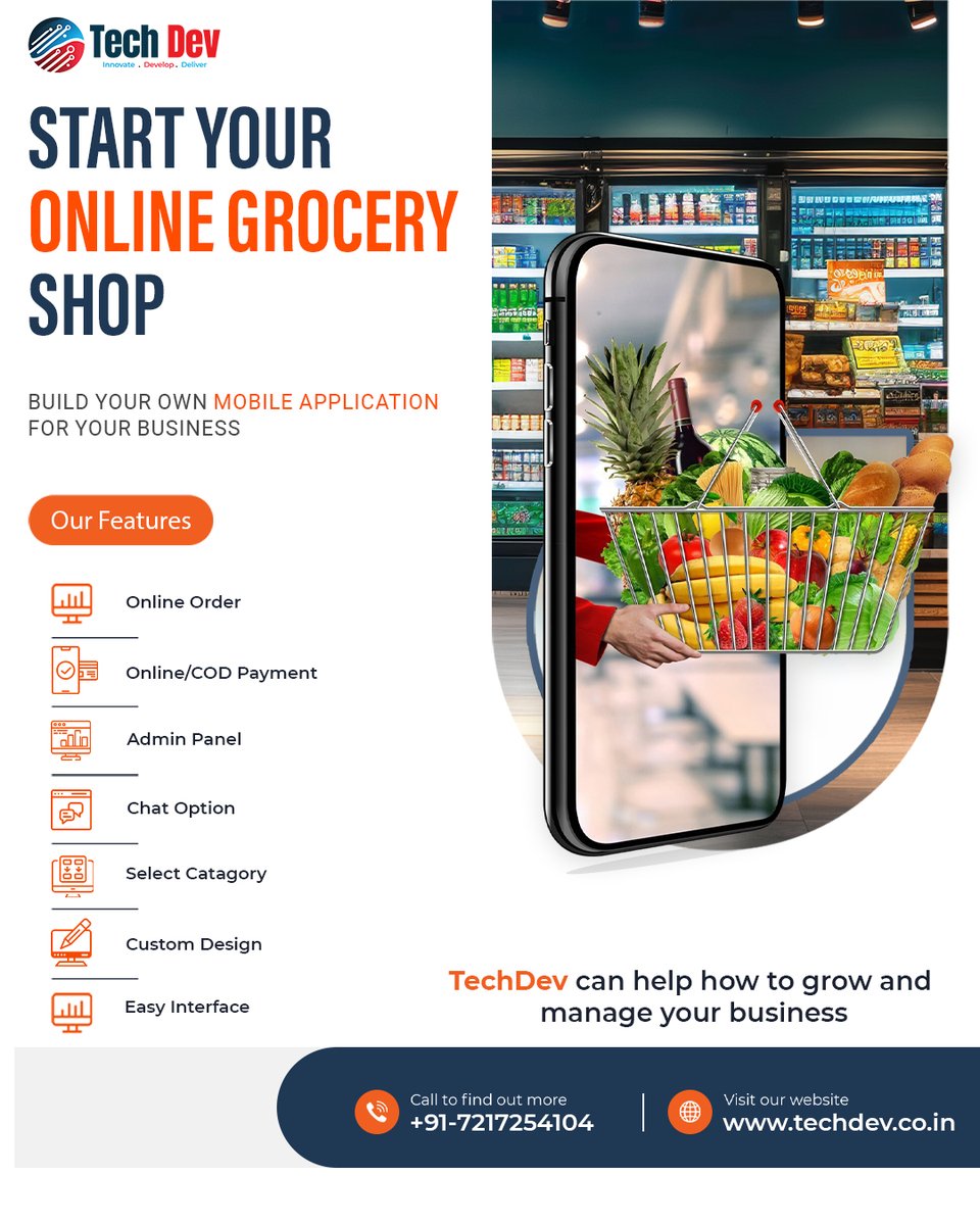 techdevind's tweet image. 🛒 Bring your grocery shop to your customers’ fingertips!
Build your own online grocery app with TechDev and offer customers a smarter way to shop! 🛒📱
.
.
📲 Let’s build your online store today!
📞 +91-7217254104
#TechDev #HappyBdayPMModi #15Din75Seva #KartikeyeSharmaMP