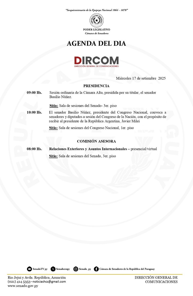 #AgendaSenado

La Cámara de Senadores, en la jornada de hoy registra estas actividades en su agenda.

__
🗓️Miércoles 17 Septiembre| <a href="/SenadoresPy/">SenadoPy</a> <a href="/senadotvpy/">senadotvpy</a>