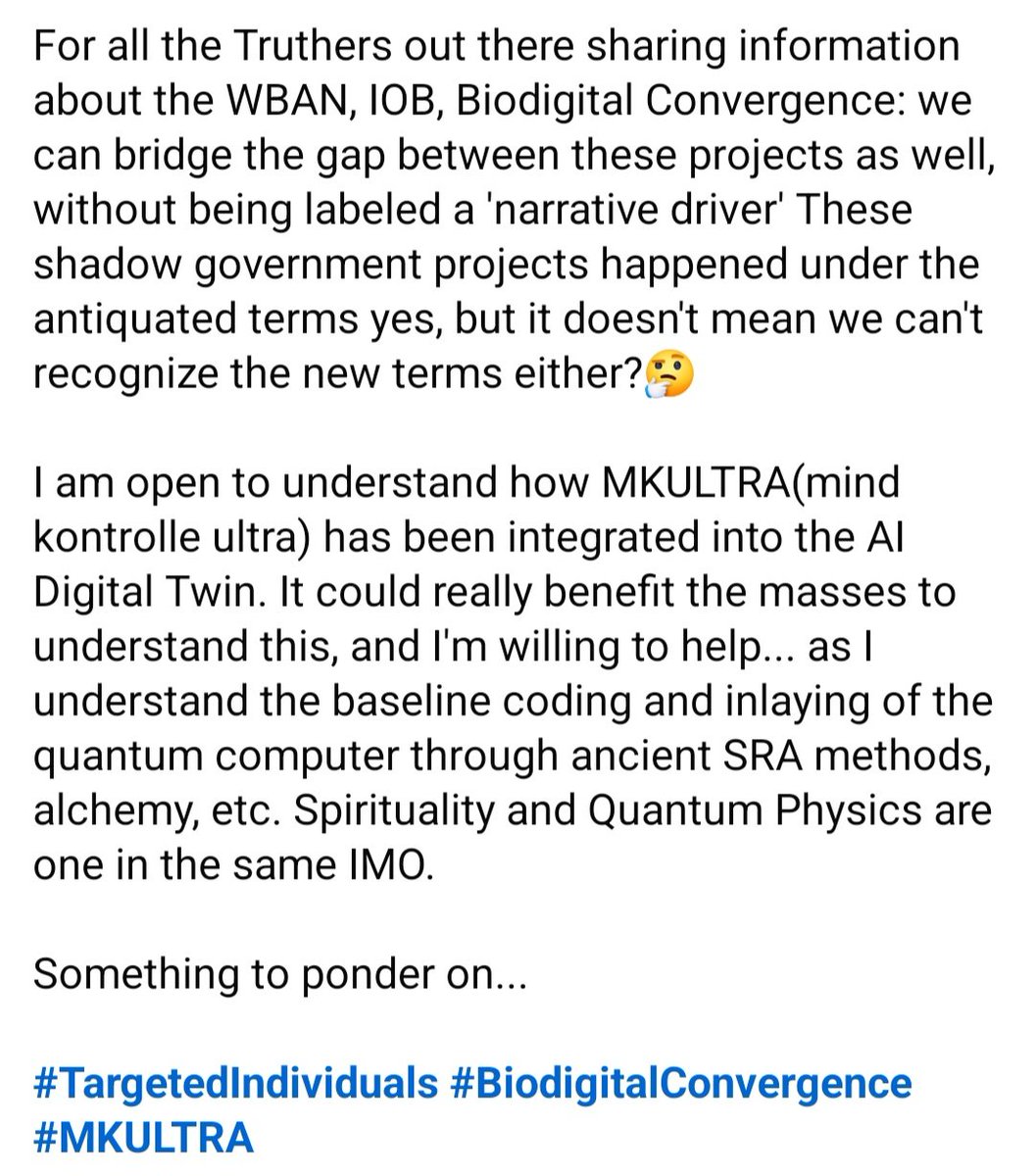 SarahReally8899's tweet image. I am hoping to BRIDGE the gap with this message. Namaste❤️‍🔥

#MKULTRA #BiodigitalConvergence
#AIDigitalTwin 

@GreyAreaMonarch @TheEmmapreneur