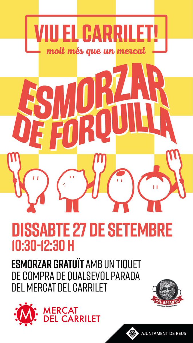 Reserva el dia:

🔴 Dissabte 27 de setembre, esmorzar de forquilla al Mercat del Carrilet 🍴

Amb els plats elaborats per Cal Bacanal 👌🏻

Us esperem 😊

#mercatdelcarrilet #mercatsdereus #reus #Mercat
