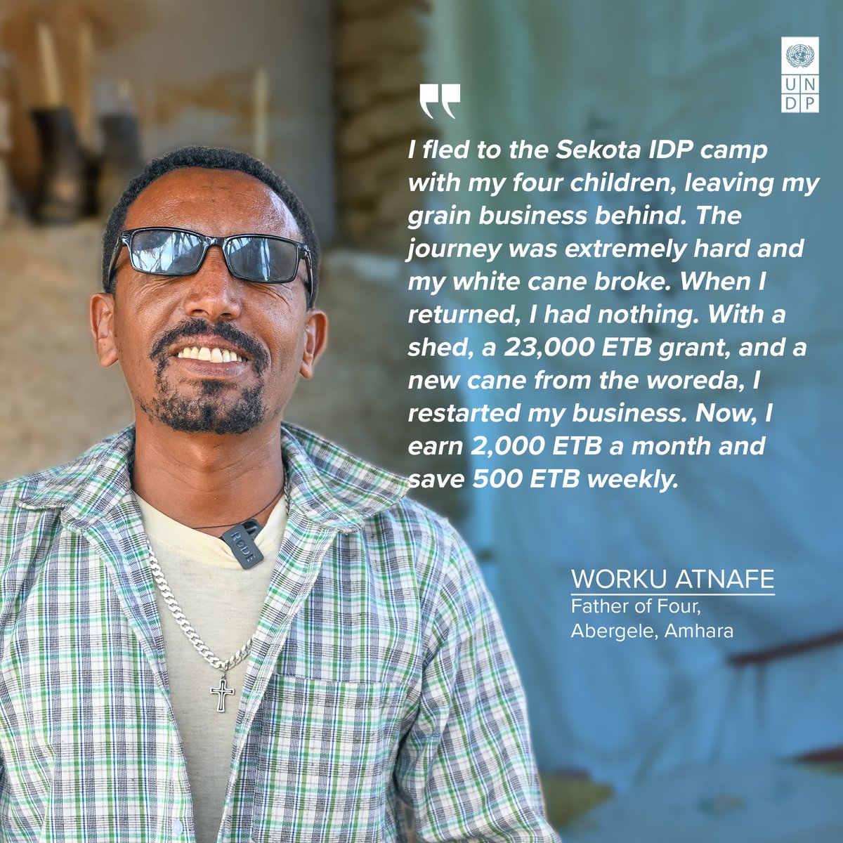 Visually impaired, Worku fled conflict with his kids. Back home, #PSF + the woreda (funded by <a href="/AA_stabilisiert/">🇩🇪 GER on Peace & Humanitarian Action</a> <a href="/JapanGov/">The Gov't of Japan</a> <a href="/DutchMFA/">Dutch Ministry of Foreign Affairs 🇳🇱</a>) helped him restart his grain business. He now supports his family, saves weekly &amp; walks proudly with a new cane.
Article 👉 shorturl.at/cjMnI