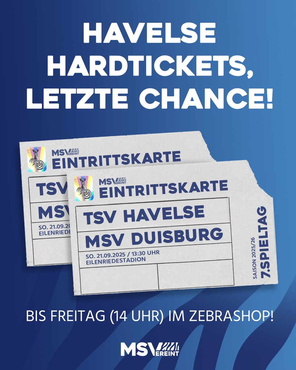 MSVDuisburg's tweet photo. Geht hart: In vier Tagen vs. Havelse und schon jetzt sind 1.400 #Zebras in Kartenbesitz. Der Online-Verkauf (Block O1-Zusatz, nicht überdacht) läuft bis Anpfiff, der VVK der Hardtickets endet am Freitag um 14 Uhr im #ZebraShop. 🎫

https://t.co/lmpMqNBPGR

#MSVereint #TSVMSV https://t.co/g3N205AB0v