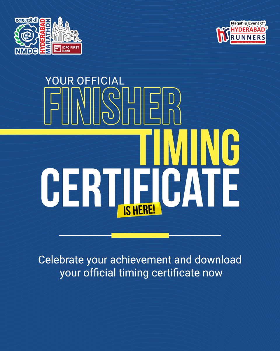 A huge congratulations on finishing the NMDC Hyderabad Marathon! Your hard work, dedication, and grit have paid off.

We're excited to announce that your finisher certificate is now available to download: zurl.co/nDNq6