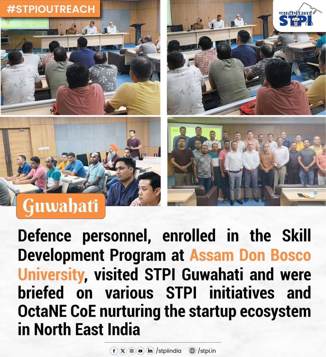 stpiindia's tweet photo. 📍Guwahati

STPI Guwahati conducted an industrial visit for the defence personnel enrolled in the Skill Development Program at Assam Don Bosco University, wherein they were briefed on various STPI initiatives and STPI OctaNE CoE nurturing the startup ecosystem in the North East India. ✨

#Outreach74 #Guwahati #Assam #IndustrialVisit #FutureTech #Defence #OctaNE #Agriculture #AgriTech #AI #DigitalIndia #Innovation #Outreach

@GoI_MeitY @AshwiniVaishnaw @JitinPrasada @SecretaryMEITY @arvindtw @_DigitalIndia @DonBoscoUniv @STPI_OctaNE @stpiguwahati