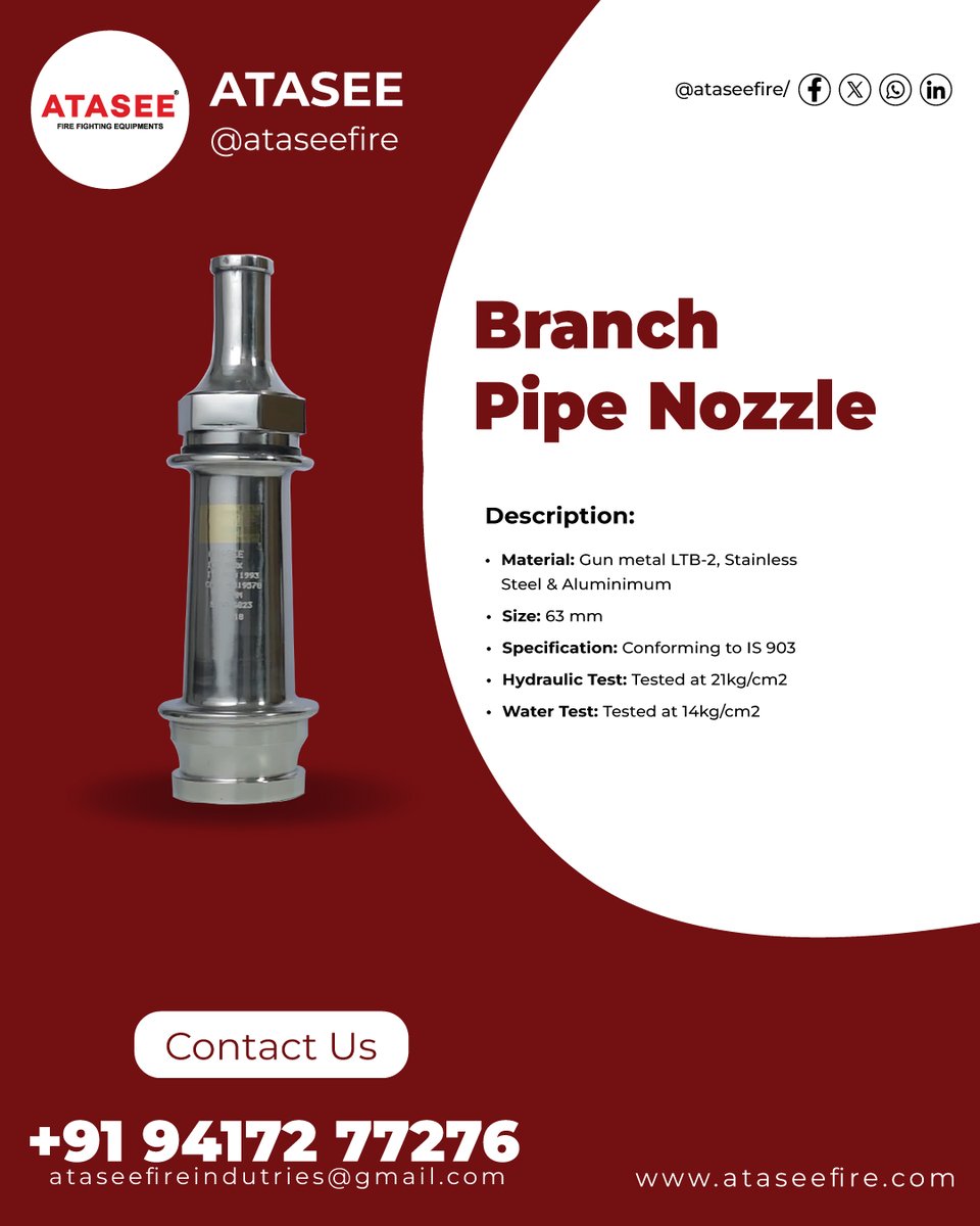atassefire's tweet image. Engineered for precision and durability – our Branch Pipe Nozzle ensures reliable water flow during firefighting operations.

#firesolutions #ataseefire