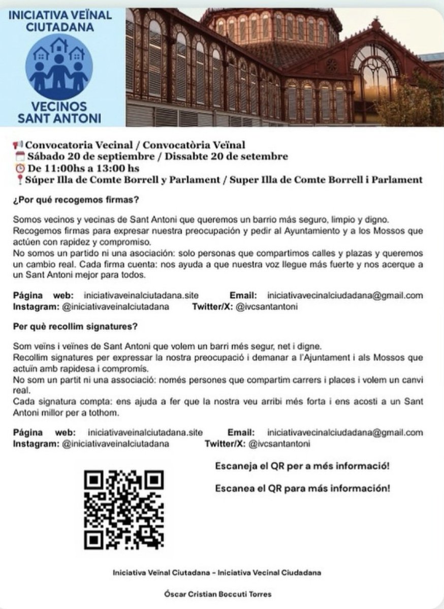 📢 Convocatòria Veïnal a Sant Antoni
🗓 Dissabte 20 de setembre
🕚 D’11:00 a 13:00 h
📍 Súper Illa de Comte Borrell i Parlament

Recollim signatures per un barri més segur, net i digne.
Vine i fes sentir la teva veu! 💪✨