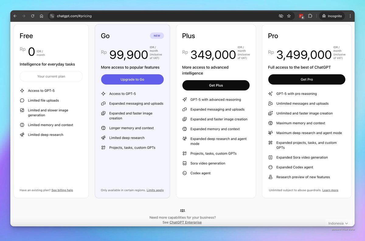 Indonesia might be the next country to get the ChatGPT Go plan (99,900 IDR/month), based on recent changes in the ChatGPT web app