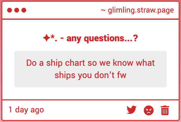 the chart would be full of lines so ima just say I fw any non-problematic ships.  I have my favorites but theres none i frown upon