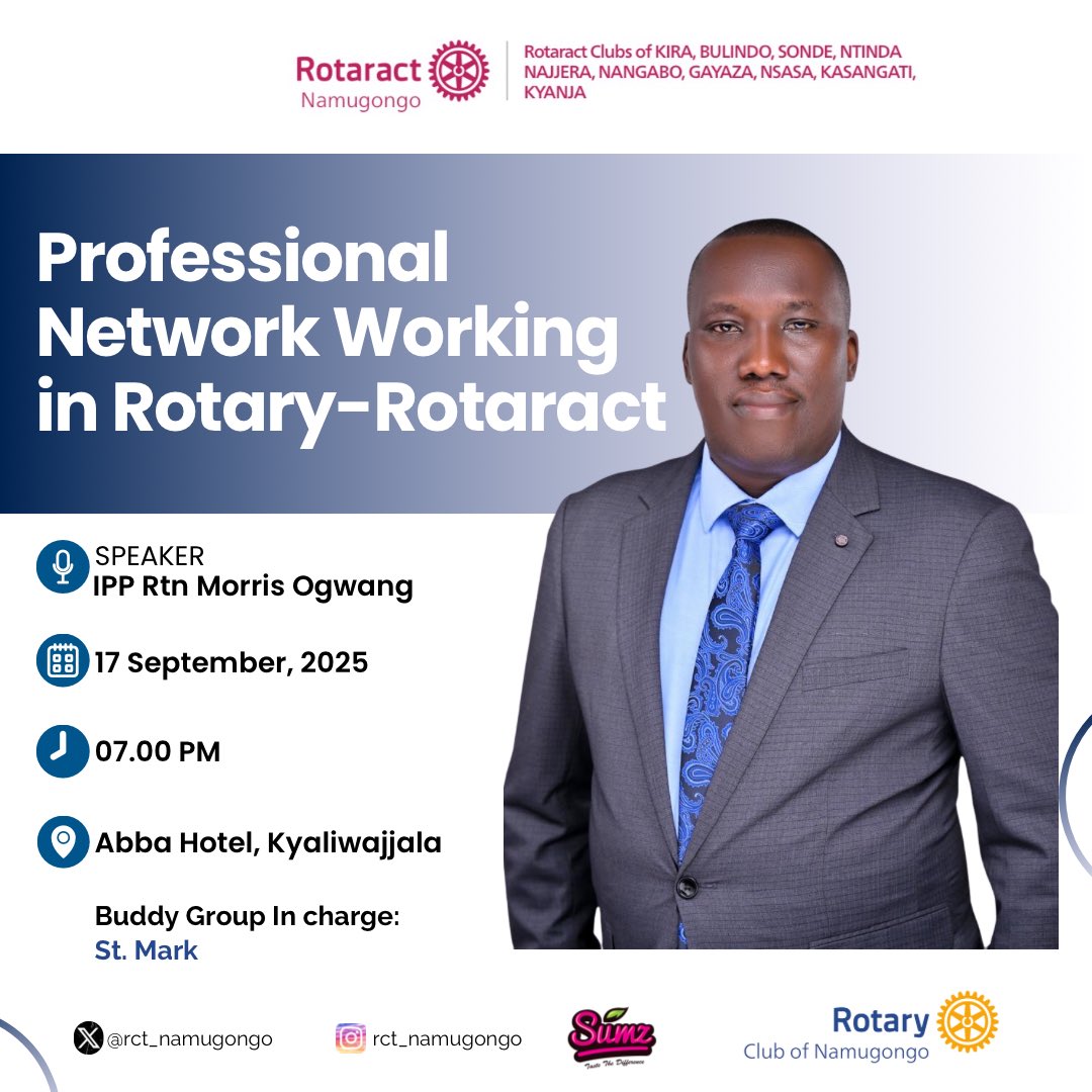 rct_namugongo's tweet image. Fellowship Alert! 💫 

This Wednesday, the Rotaract Club of Namugongo will host all the eleven corridor clubs as IPP Rtn. Morris Ogwang takes us through an exciting conversation on Professional Networking in Rotary/Rotaract.

#UniteforGood9213